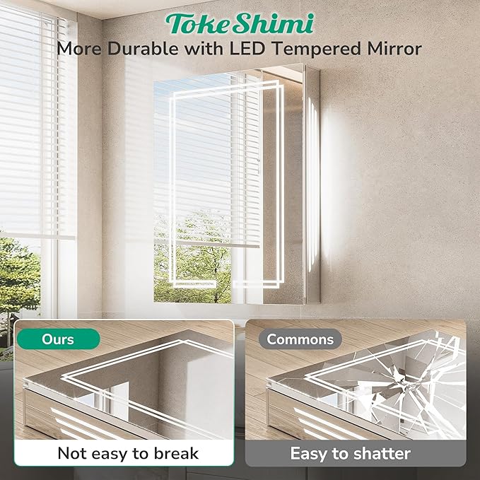 TokeShimi 36 x 30 LED Mirrored Medicine Cabinet with Defogger, 3 Colors Lighted Medicine Cabinet Tempered Stepless Dimming, CRI 80+, Memory Funtion, Wall Mount Bathroom Mirror with Storage