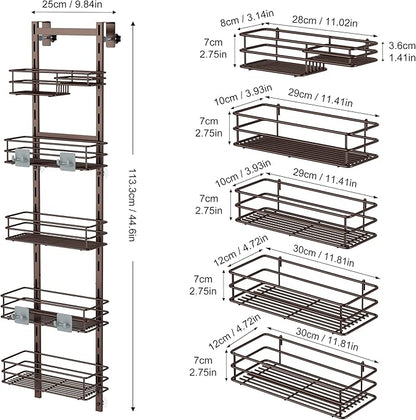 Orimade Over the Door Shower Caddy Adjustable 5 Tier Bronze,Bathroom Hanging Organizer Shelf Rustproof with 4 Hooks,Shower Basket with Soap Holder and Suction Cup