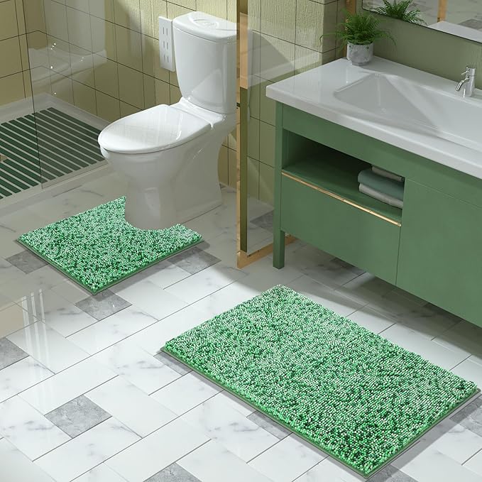 Yimobra Luxury Chenille U-Shaped Toilet Rug, Super Soft Shaggy Contour Bath Mat for Bathroom Floor, Fluffy, Water Absorbent, Non Slip, Machine Washable, Dry Quickly, 24''x 20'', Light Green & Green