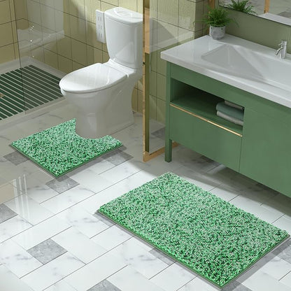 Yimobra Luxury Chenille U-Shaped Toilet Rug, Super Soft Shaggy Contour Bath Mat for Bathroom Floor, Fluffy, Water Absorbent, Non Slip, Machine Washable, Dry Quickly, 24''x 20'', Light Green & Green