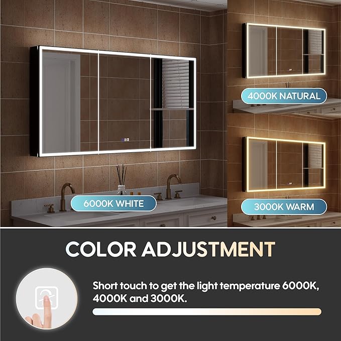 WELLFOR 60" X 30" LED Mirrored Medicine Cabinet, Medicine Cabinets with Lights for Bathroom, Defogging Function Mirror Cabinet, Bathroom Medicine Cabinet with USB Port & Outlet, Three Opening Doors