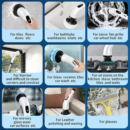 Rechargeable Electric Spin Scrubber, Waterproof Power Cleaner with 7 Brush Heads,1 Window Squeegee,2 Speeds Adjustable Long Handle for Bathroom, Floor, Shower, Tile & Kitchen Cleaning (White)
