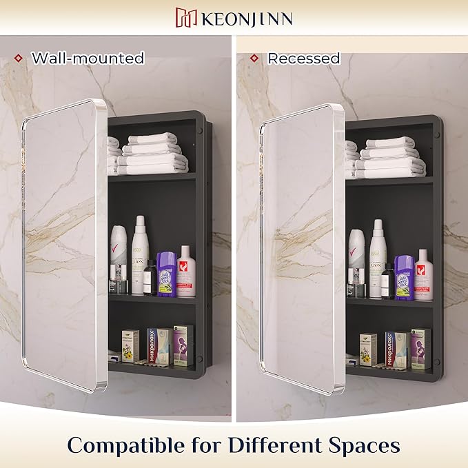 Keonjinn 24 x 32 Inch Chrome Recessed Medicine Cabinets, Bathroom Mirrored Medicine Cabinet, Silver Stainless Steel Framed, Adjustable Shelves, in Wall or Surface Mount, Sturdy & Heavy, Farmhouse