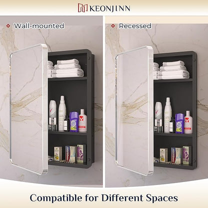 Keonjinn 20 x 26 Inch Chrome Recessed Medicine Cabinets, Mirrored Bathroom Medicine Cabinet, Elegant Silver Stainless Steel Framed, Adjustable Shelves, in Wall or Surface Mount, Soft Closing, Modern