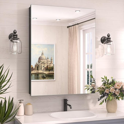 TokeShimi 24 x 32 Mirrored Medicine Cabinet Recessed or Surface Mount, Aluminum Tempered Bathroom Medicine Cabinet with Mirror with Storage Black Stepless Adjustable Metal Shelves Farmhouse