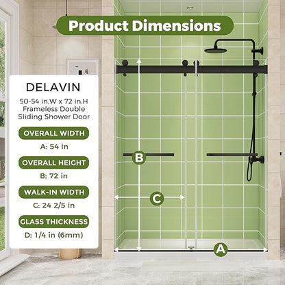 DELAVIN 50-54" W x 72" H Double Sliding Shower Door, Frameless Shower Door, 1/4"(6mm) SGCC Tempered Glass, Noiseless Shatterproof Shower Doors with Square Rail, Stainless Steel, Aluminum, Black