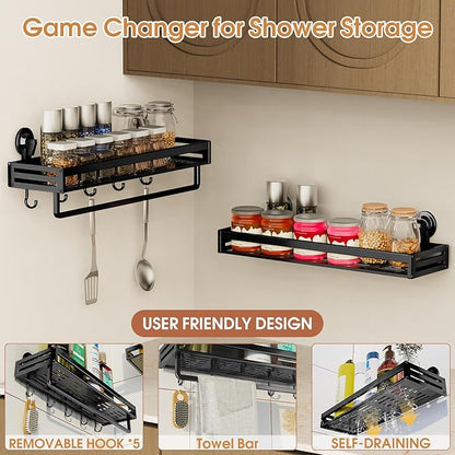 Shower Caddy Suction Cup, 15.8 inch Suction Shower Shelf with Hooks NO-Drilling Bathroom Holder, Rustproof Bathroom Organizer, Black