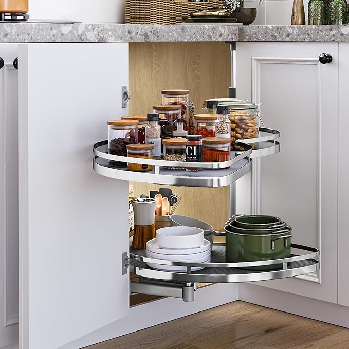 DWVO Corner Cabinet Organizer, 2-Tier Blind Corner Pull Out with 270° Rotating Shelf, Left Swing Tray, Heavy-Duty Iron, Easy-Install Template, 32.7"x17.3"x21.3", Gray