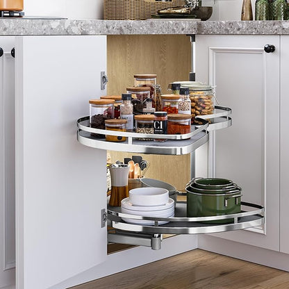 DWVO Corner Cabinet Organizer, 2-Tier Blind Corner Pull Out with 270° Rotating Shelf, Left Swing Tray, Heavy-Duty Iron, Easy-Install Template, 32.7"x17.3"x21.3", Gray