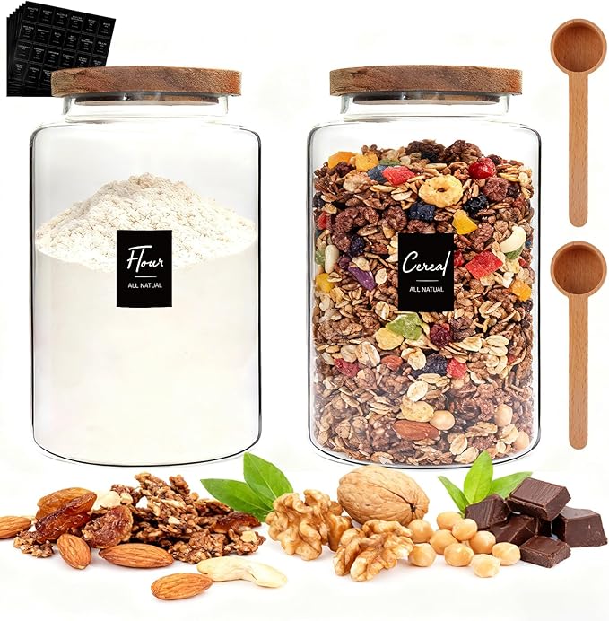 Glass Storage Jar with Lids Spoon Labels Round Glass Coffee Canister Borosilicate Glass Food Containers for Ground Spice Cookies Pasta Sugar Tea (2800ml/94oz-2 pack-with spoon)