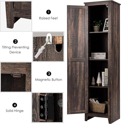 Giantex Tall Storage Cabinet Free Standing Floor Storage Tower with Four Shelves and Single Door, Narrow Cabinet for Bedroom, Living Room, Bathroom 17x16x72 Inch Utility Storage Cabinet (Coffee)
