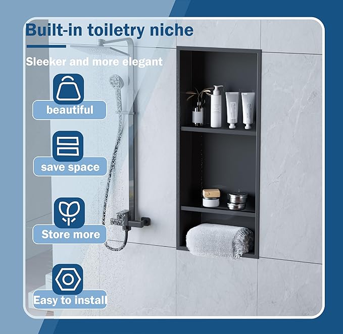 Stainless Steel Niche for Shower Wall，Shower Niche Insert Tile Ready ，Organizer Storage for Room，3-Tier Shelves ，Matte Black (Black，30 * 12 in)