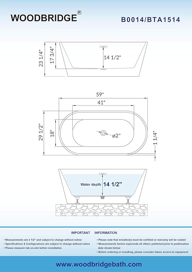 WOODBRIDGE Acrylic Freestanding Bathtub Contemporary Soaking Tub Overflow and Drain, BTA1514-C,White, 59" Chrome