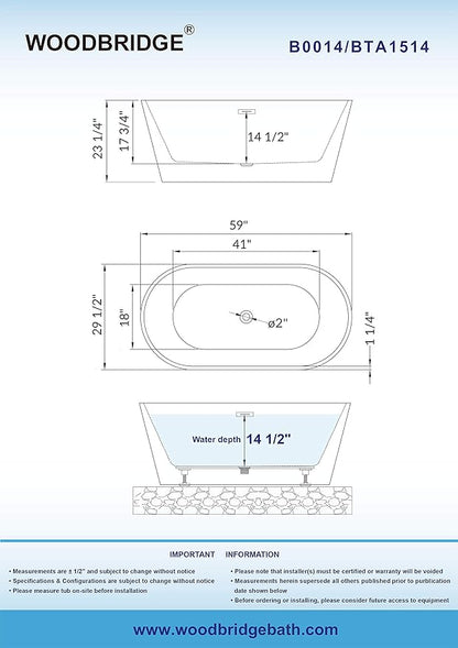 WOODBRIDGE Acrylic Freestanding Bathtub Contemporary Soaking Tub Overflow and Drain, BTA1514-C,White, 59" Chrome