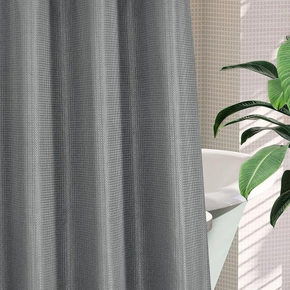 MitoVilla Black Waffle Long Shower Curtain Liner Set 72 x 80, No Hooks Required 80 inch Long Heavyweight Fabric Shower Curtain Set with Snap-in Liner for Hotel Grade Spa-Like Bathroom Decor