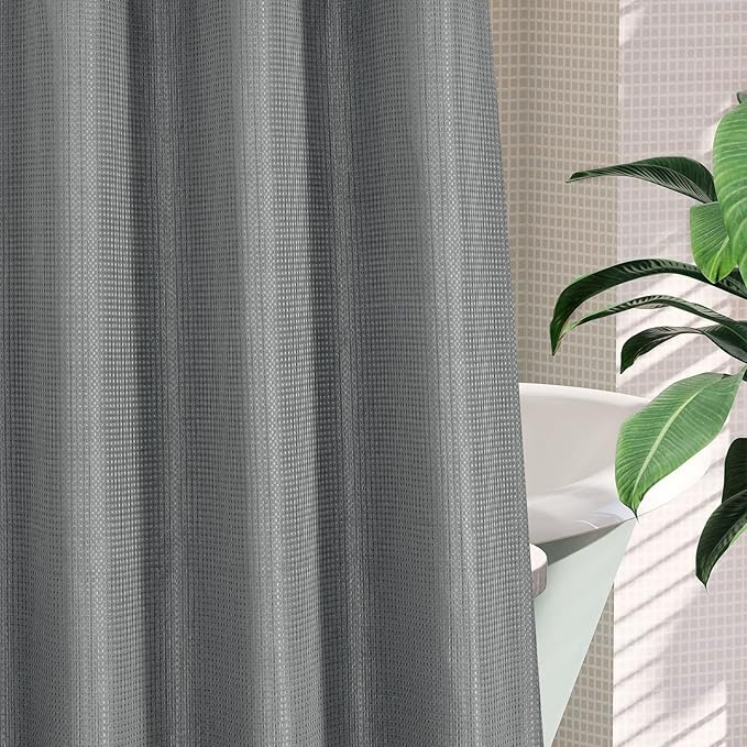 MitoVilla No Hooks Needed Extra Long Shower Curtain Liner Set, 86 inch XL Black Waffle Heavyweight Fabric Cloth Shower Curtains Set with Snap-in Liner for Modern Luxury Hotel & Spa Bathroom Decor