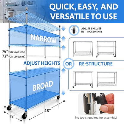 4000 LBS Heavy Duty Wire Rack 48 x 18 x 76, 5-Tier NSF Commercial Rolling Rack with Wheels, Chrome Metal Shelving Unit for Garage, Kitchen, Warehouse, Adjustable Storage Shelf, Crescent
