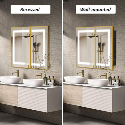 APRILSOUL 36X30 Inch Gold Bathroom Medicine Cabinet with Mirror, Recessed or Surface Lighted Medicine Cabinet with 3 Colors Temperature, Dimmable Light