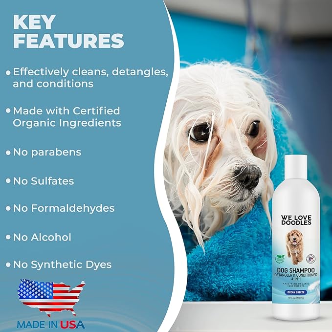 We Love Doodles (Short Pins) Pet Rubber Bath Brush and Dog Shampoo (Bundle) - for Shower Scrubbing & Soothing Massage and Organic Dog Shampoo, Conditioner & Detangler - Made in The USA