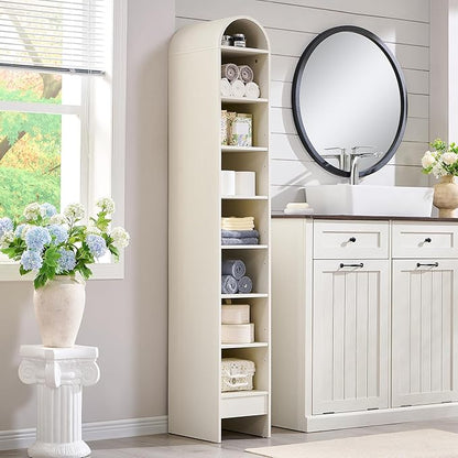 67" Tall Arched Bathroom Storage Cabinet, 8-Tier Modern Farmhouse Storage Cabinet with Adjustable Shelves, Wood Freestanding Cabinet for Bathroom, Living Room, Entryway, Hallway (Antique White)