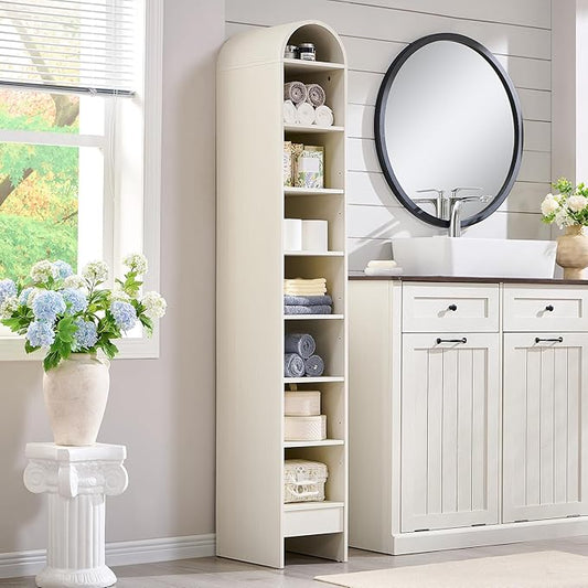67" Tall Arched Bathroom Storage Cabinet, 8-Tier Modern Farmhouse Storage Cabinet with Adjustable Shelves, Wood Freestanding Cabinet for Bathroom, Living Room, Entryway, Hallway (Antique White)