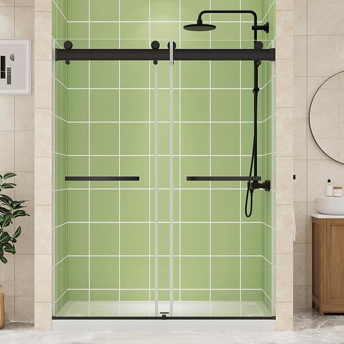 DELAVIN 50-54" W x 72" H Double Sliding Shower Door, Frameless Shower Door, 1/4"(6mm) SGCC Tempered Glass, Noiseless Shatterproof Shower Doors with Square Rail, Stainless Steel, Aluminum, Black