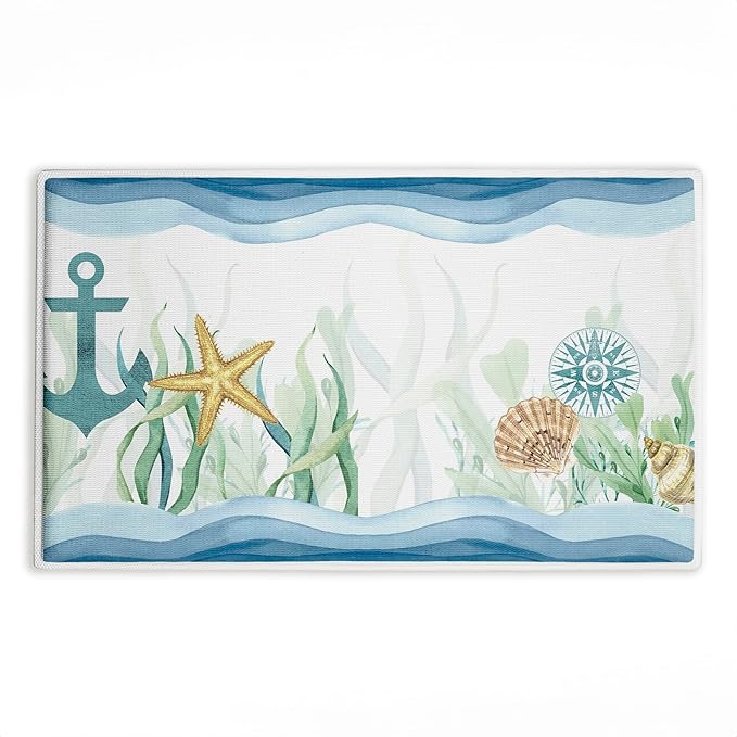 Stupell Industries Bayside Sea Life & Waves Plush Bathroom Mat & Bath Rug, Soft Quick-Dry Non-Slip Bathroom Rug with Recycled Foam Cushion, Coastal Ocean Marine Life Design by Kim Allen, 18"x30"