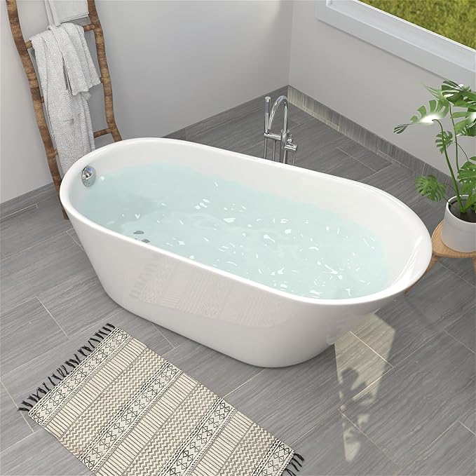 65" Acrylic Freestanding Bathtub, Single Slipper Free Standing Tub, Soaking Tub with Integrated Slotted Overflow, Toe-Tap Chrome Drain, cUPC Certified, Glossy White