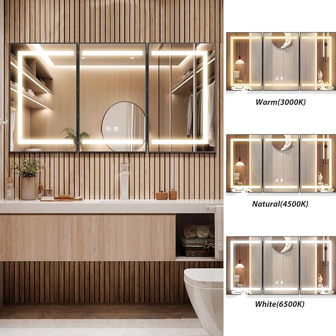 APRILSOUL 60X32 Inch Black Bathroom Medicine Cabinet with Mirror, Recessed or Surface Lighted Medicine Cabinet with 3 Colors Temperature, Dimmable Light