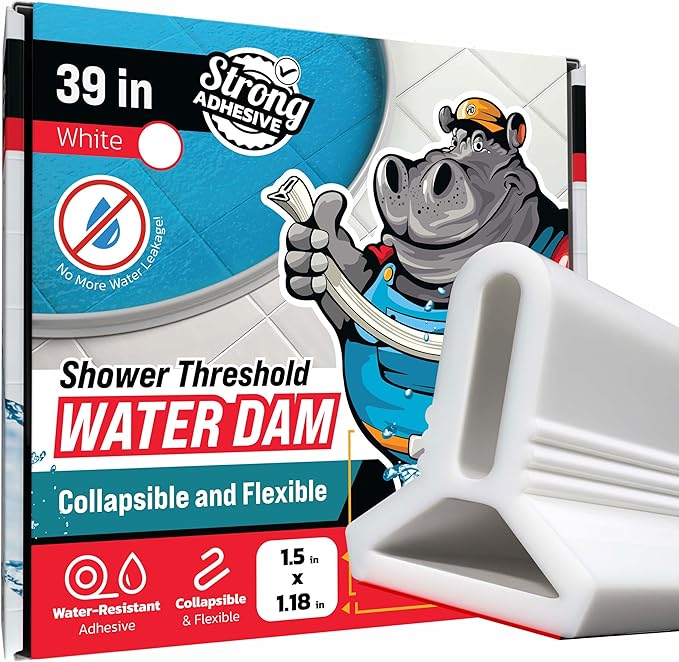 Shower Threshold Water Dam Barrier 39" - White Collapsible Shower Water Blocker - Shower Guard for Walk in Shower - Water Guard Stopper for Floor - Shower Dam - 1.5" Tall - By Hippo Dam