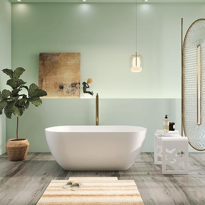 Premium 51" Solid Surface Freestanding Bathtubs, Upgraded Oval Stone Resin Tub with Overflow and Pop-up Drain, Matte White