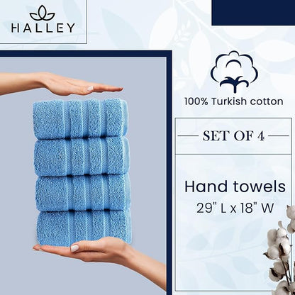 HALLEY Turkish 4 Pack Premium Hand Towels (4 Pieces) 650 GSM Highly Absorbent Super Soft 100% Cotton - 4 Hand Towels (Blue)