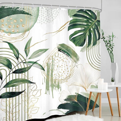 Sage Green Boho Shower Curtain 72Wx78H Mid Century Modern Tropical Palm Leaves Plant Abstract Bohemian Geometric Arch Bathroom Decor Botanical Bath Curtain Fabric Polyester 12 Pack Hooks