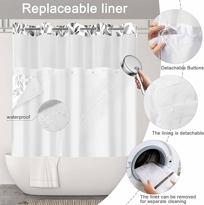 No Hook Shower Curtain and Liner Set, Grey Eucalyptus Floral Shower Curtains for Bathroom, Bath Curtain Sets with Snap in Liner, Waterproof with See Through Top Window, 71x84 Inches