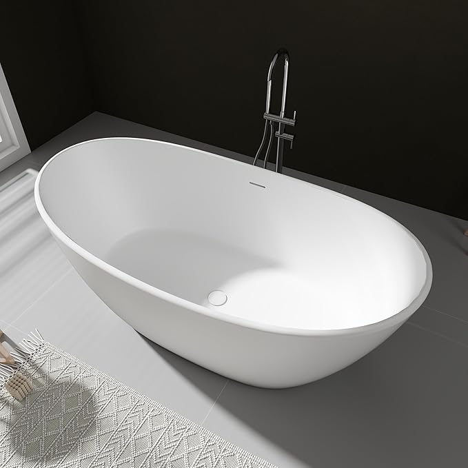 SJ STAR&JANE 61" Solid Surface Freestanding Bathtub Stone Resin Tub Oval Double Slippers Stand Alone Soaking Tub with Pop-up Drain and Overflow, Matte White