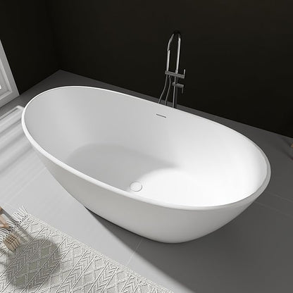SJ STAR&JANE 61" Solid Surface Freestanding Bathtub Stone Resin Tub Oval Double Slippers Stand Alone Soaking Tub with Pop-up Drain and Overflow, Matte White