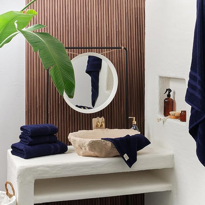 SOFE H&L | Olea Luxury Turkish Cotton Bath Towels Set of 3 : 1 Bath Towel, 1 Hand Towel, 1 Wash Cloths, Navy |Thick, Premium, Soft, Durable, Absorbent - Hotel Quality Towel Sets for Bathroom