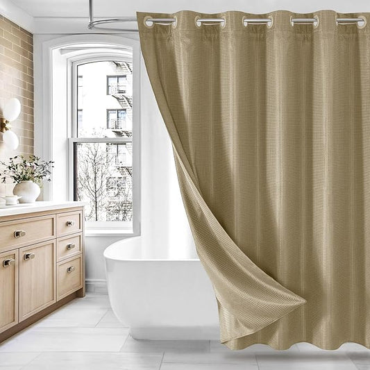 MitoVilla No Hooks Needed Extra Long Shower Curtain Liner Set, Beige 86 inch XL Heavyweight Waffle Fabric Cloth Shower Curtains Set with Snap-in Liner for Modern Luxury Hotel & Spa Bathroom Decor