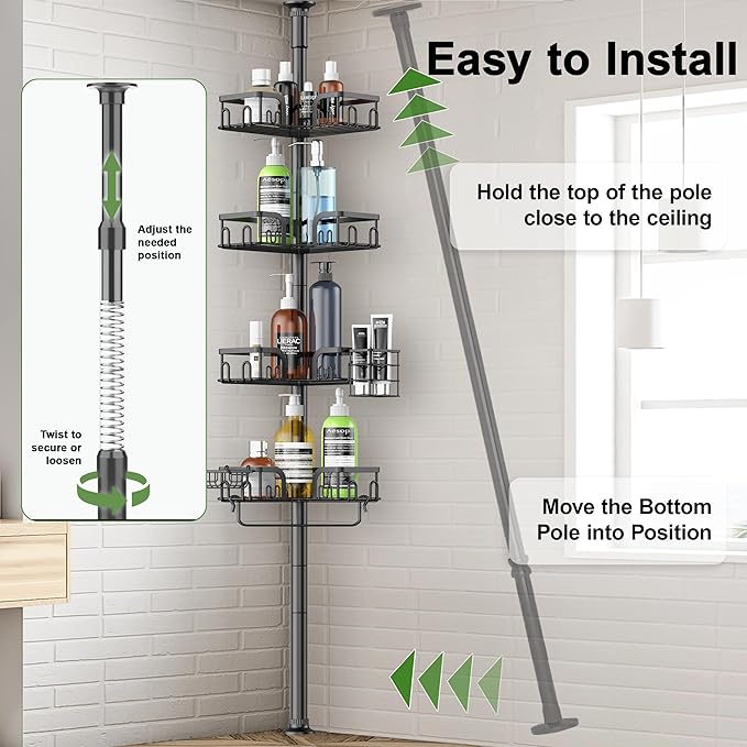 Corner Shower Caddy Tension Pole, 4-Tier Rustproof Bathroom Organizer Storage for Inside Shower Bathtub Shampoo,39 to 113 Inch Adjustable Floor Standing Shelves Black