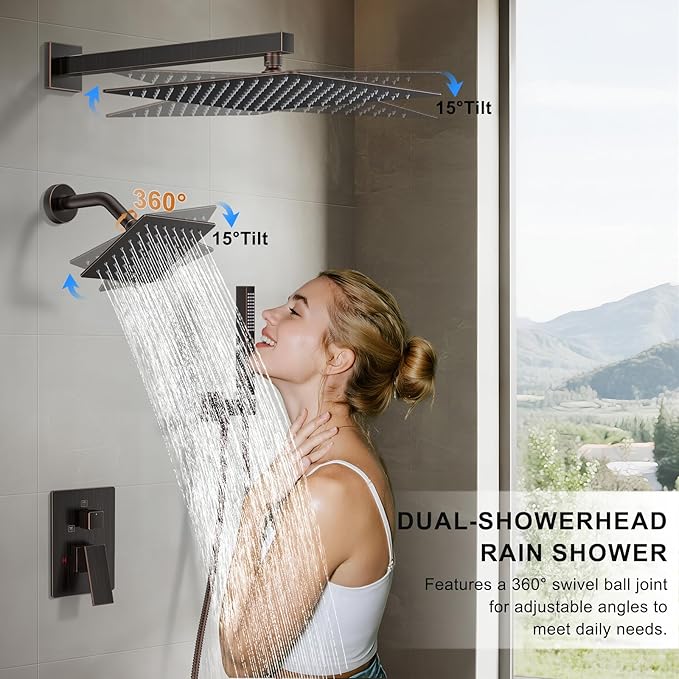 Shower Faucet Set, Wall Mount Shower System 12 and 6 Inch Dual Shower Head Set with 2 in 1 Handheld Spray Rain Shower Faucet with Rough-in Valve and Shower Trim Kit, Oil Rubbed Bronze