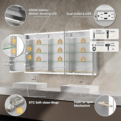 60x30 Beveled Lighted Medicine Cabinet with Mirror & Lights, Surface or Recessed Mirrored Medicine Cabinet with Outlet & Clock, Anti-Fog Dimmable LED Storage Cabinet, Built-in Sensor Light