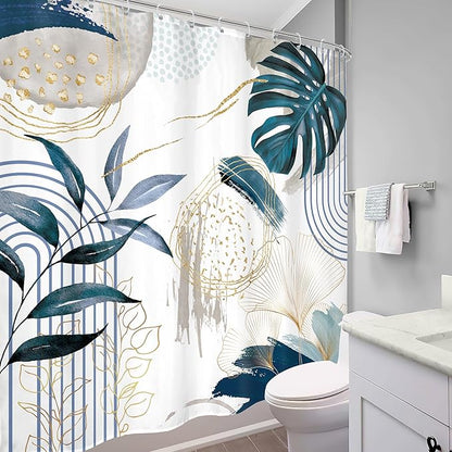 Navy Blue Boho Shower Curtain 72Wx72H Modern Mid Century Abstract Gold Tropical Leaves Palm Minimalist Plant Geometric Arch Bathroom Decor Botanical Bath Curtain Fabric Polyester 12 Pack Hooks