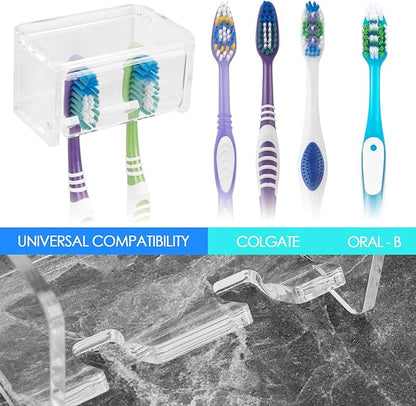 Toothbrush Holder Wall Mounted with Cover for Bathroom, 2 Slots Toothbrush Storage Organizer for Shower, Self Adhesive Toothbrush Hanger Rack for Dorm, Cabinet (Clear)