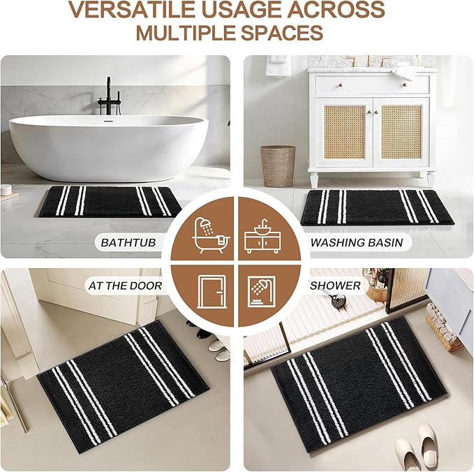 Kmson Bathroom Rugs Mat, 17"x24" Ultra Soft Washable Shaggy Chenille Bath Rugs, Non-Slip Fluffy Thick Water Absorbent Microfiber Mat for Bathtub, Sink and Shower, Black