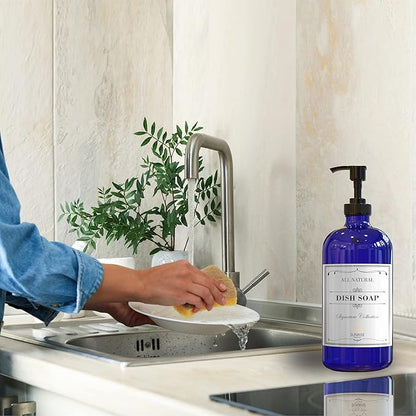 16 OZ Cobalt Blue Glass Soap Dispenser with Plastic Pump 2 Pack, Hand and Dish Soap Dispenser Set for Bathroom and Kitchen Sink with 6 Waterproof Labels