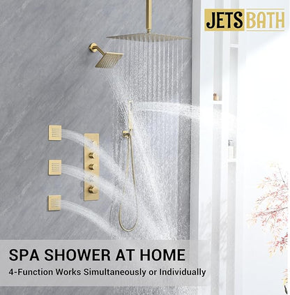 Thermostatic Dual Shower System with 4-Inch Body Jets, Ceiling 16" Rainfall Shower & Wall Mount 6-Inch Shower Head, Brushed Gold Luxury Shower Faucet Set with Handheld Sprayer