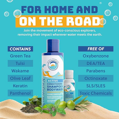 Non Toxic Shampoo and Conditioner, Body Wash 3 in 1 for Swim - Reef Safe Swimmers Shampoo for Men, Women or Kids - All Natural Organic Shampoo and Conditioner Set with Biodegradable Soap for Camping