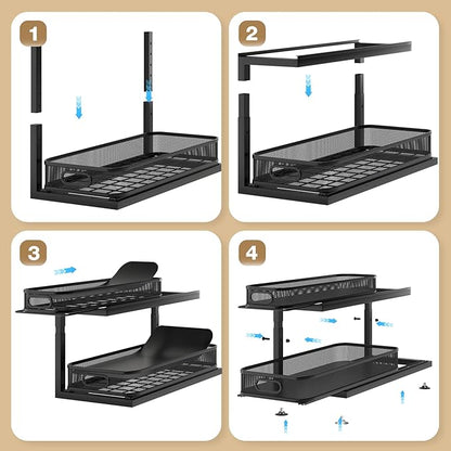 2-Pack 21.3 IN Depth Under Sink Organizer With Next-Gen Ball-Bearing Slides,Sophisticated Mesh 2-Tier Pull Out Shelf for Kitchen & Bathroom,Fits Small Items-Black