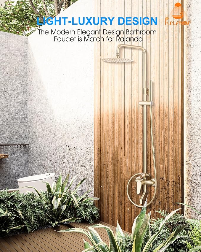 Outdoor Shower Fixture,3 Functions Handle Tub Rainfall Shower Faucet Sets with Dial Thermometer Brass Valve, Exposed Shower System with 10'' Rainfall Shower Head Adjustable (Brushed Gold)