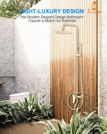 Outdoor Shower Fixture,3 Functions Handle Tub Rainfall Shower Faucet Sets with Dial Thermometer Brass Valve, Exposed Shower System with 10'' Rainfall Shower Head Adjustable (Brushed Gold)